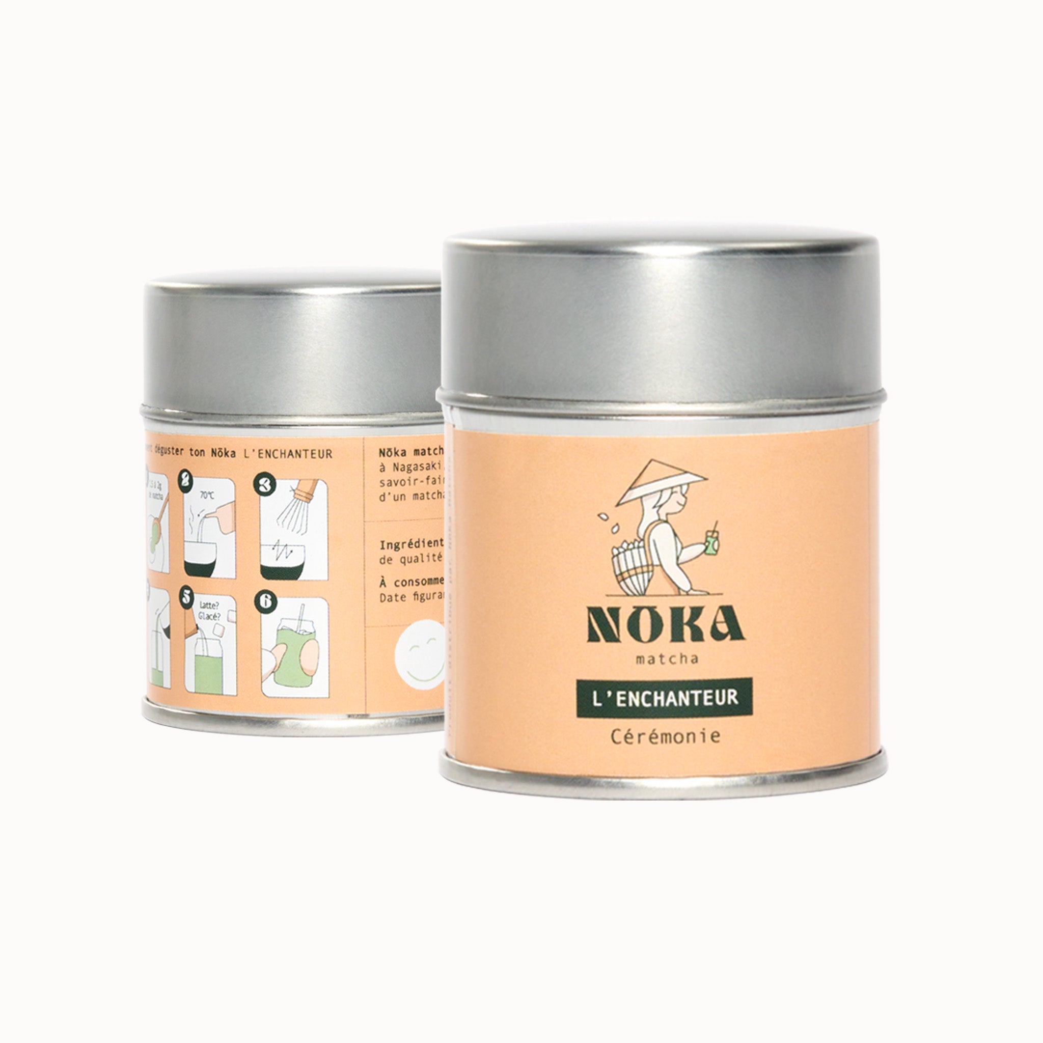 visuel des boîtes du noka matcha l'enchanteur, avec le logo à l'avant et les étapes de préparation au dos