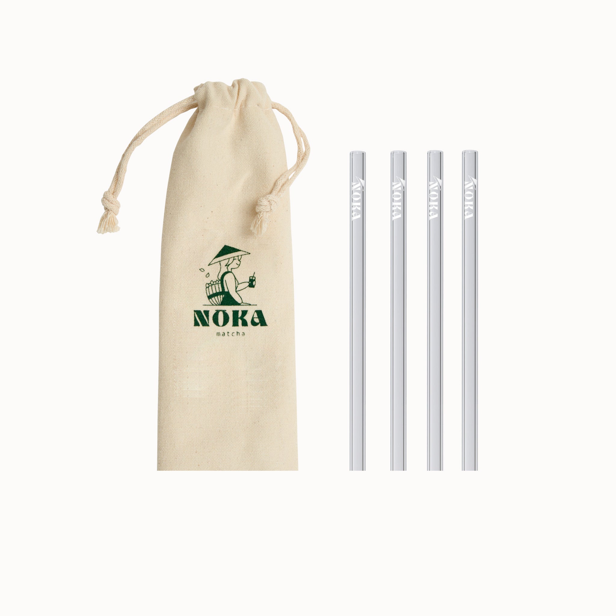 visuel des pailles en verre noka matcha et de leur pochette en tissu